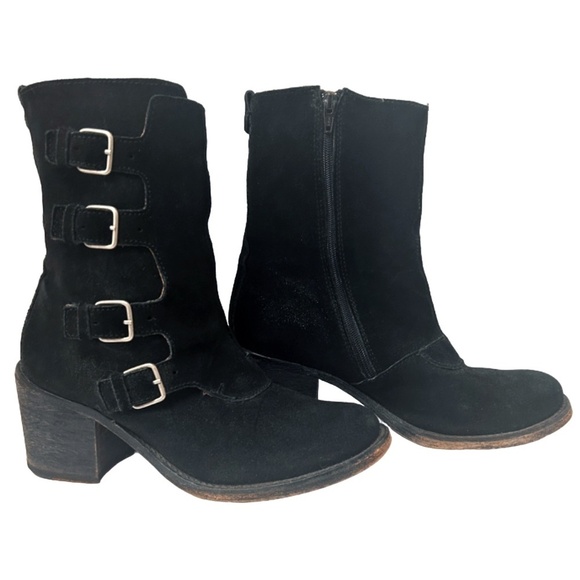 JL J. Litvack Moto Boots Booties Black Suede Four Buckle Chunky Stacked Heel - Picture 1 of 16